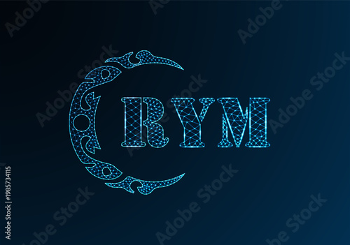 Low poly letter logo RYM design. RYM letter logo low poly vector design on blue color gradient background. RYM logo low poly design