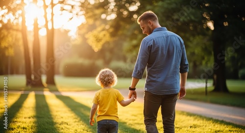 Father and Child Walking Hand in Hand in Sunlit Park at Sunset
