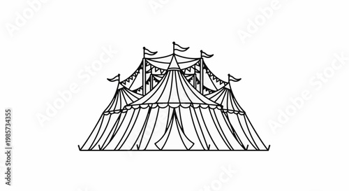A black and white outline drawing of a large, multi-peaked circus tent with flags