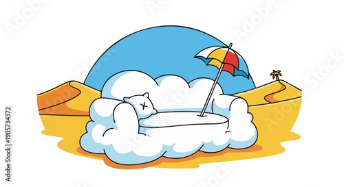 A cartoon cloud-shaped sofa rests in a desert with a beach umbrella