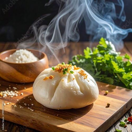 Steamed bun on wooden board with herbs and seasonings