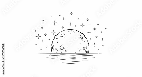 Stylized moon with craters rises over rippling water under starry sky
