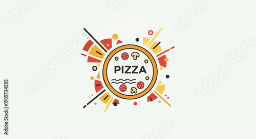 A circular pizza graphic with abstract colorful elements radiating outwards