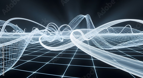 Abstract Futuristic Wavelike Data Flow Across a Glowing Digital Network Grid Background Representing Technology and Connectivity