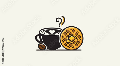 A black cup of steaming coffee with a heart shape and a waffle with butter