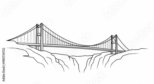 A black and white sketch of a suspension bridge spanning a deep canyon