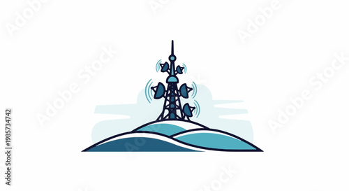 Tall communication tower with dishes on a blue hill under cloudy sky