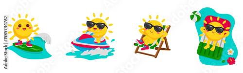 Cute sun character beach vacation set, surfing, jet ski, relaxing on sunbed and float, summer holiday, funny cartoon mascot, flat vector illustration