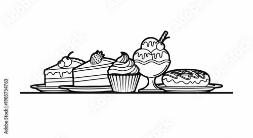 A black and white illustration of delicious pastries, including cake, cupcake, sundae, and donut