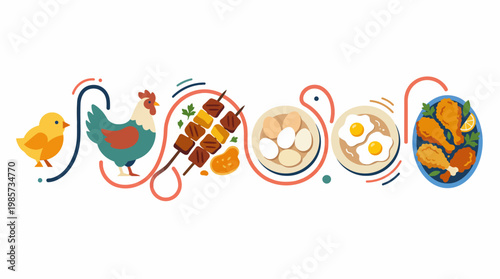 A delightful illustrative collection showcasing the versatile culinary journey of chicken and eggs, from farm life to delicious prepared dishes like skewers, fried, and boiled