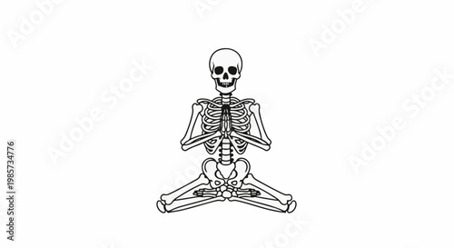 A black and white illustration of a skeleton in a meditative pose