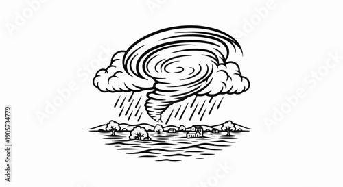 Swirling storm cloud unleashes rain and tornado over village