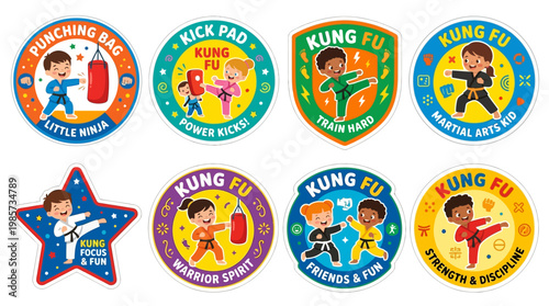 Fun Kung Fu Stickers for Kids Featuring Little Ninjas and Warriors Practicing Martial Arts with Punching Bags and Kick Pads