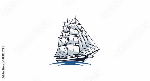 A black and white drawing of a sailing ship with full sails on blue water