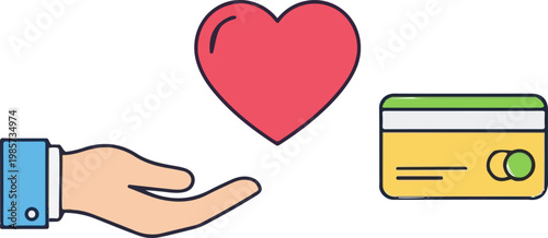 Hand reaching out to give a heart next to a credit card symbolizing charitable donations and altruistic financial transactions online.