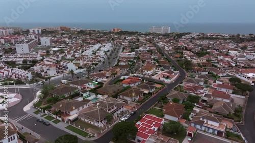 Aerial view of Matalascanas coastal town in Spain on a sunny day