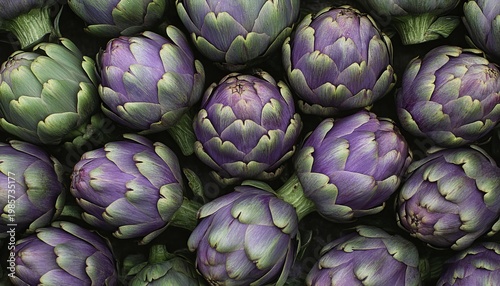 Fresh artichokes with tightly closed bracts and trimmed stems, vibrant colors in natural pattern