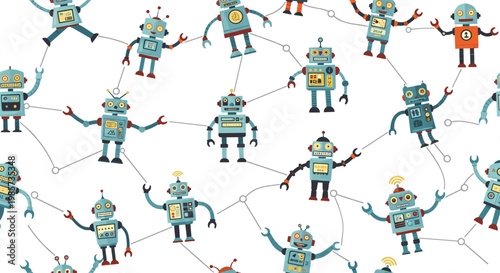 Seamless pattern of retro colorful toy robots connected by thin lines representing a digital network or artificial intelligence.