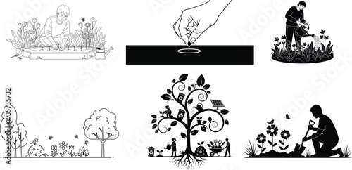 A series of black and white sketches depicting trees landscapes and figures in contemplative poses evoking a sense of nature's tranquility