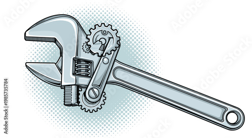 Mechanical adjustable wrench with attached gears and a robotic arm showing complex engineering and industrial repair.