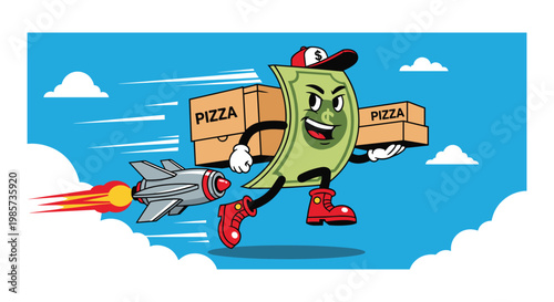 Anthropomorphic dollar bill character wearing a cap and boots running to deliver two pizza boxes with a rocket assist.