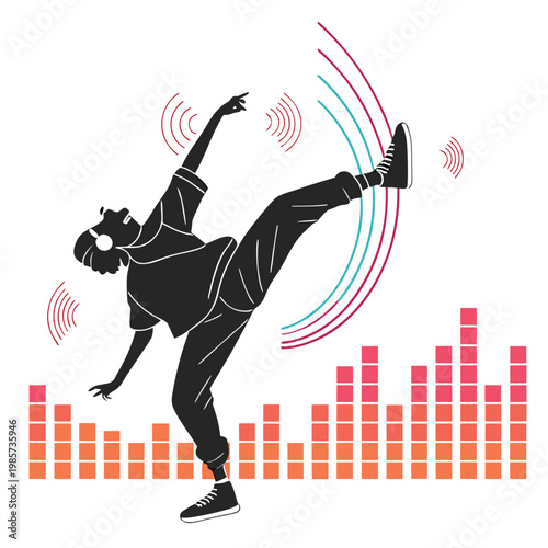 Male dancer performing jump with equalizer bars.