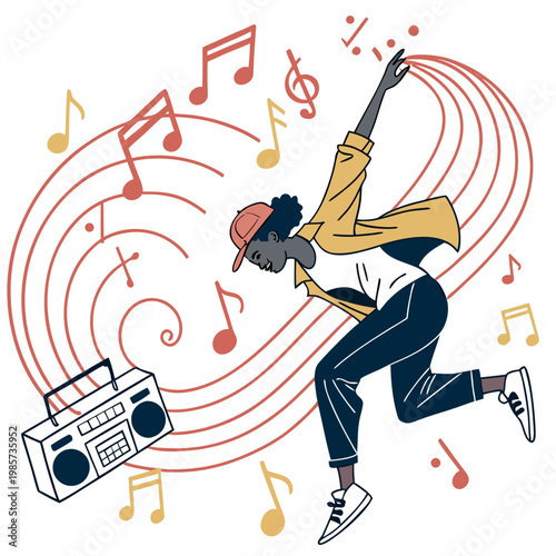 Young man dancing with boombox and musical notes.