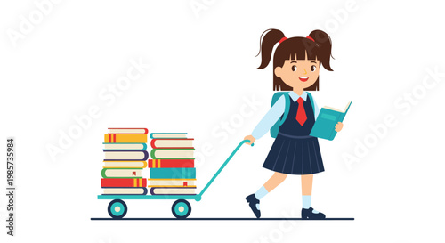 Young schoolgirl in uniform pulling a small cart loaded with a large stack of colorful books while reading another book.