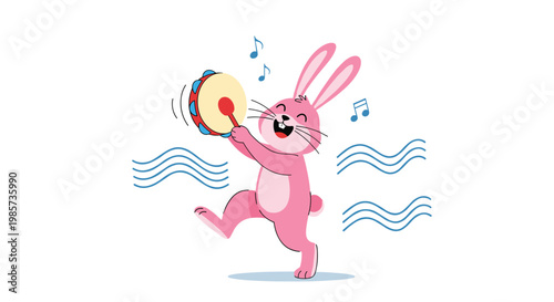 Cute pink cartoon bunny dancing and playing a tambourine with musical notes and decorative blue waves on white background.