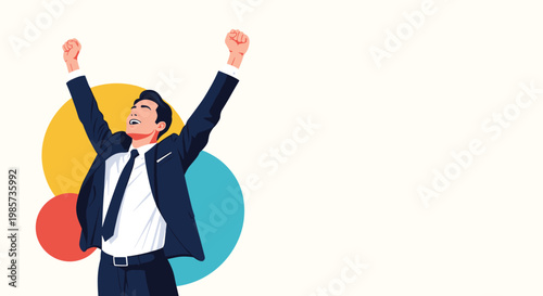 Successful businessman in a suit cheering with arms raised in victory against a background of colorful abstract shapes.