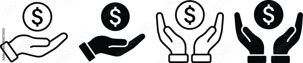© SK Stock - Hands holding dollar coin icons donation and finance symbol donation business currency exchange