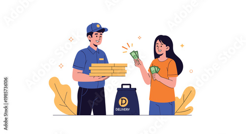 Food delivery courier handing over pizza boxes to a woman who is paying with cash banknotes in a friendly exchange.