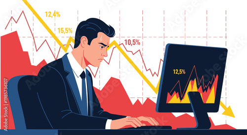 Stressed businessman looking at a computer screen showing falling stock market charts and negative financial graphs.