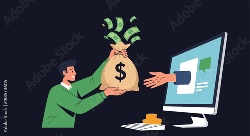 Man handing a large bag of money to a hand emerging from a computer screen representing online payments and digital economy.