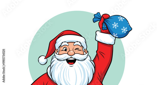 Santa Claus winking and smiling while holding up a blue bag decorated with white snowflakes against a mint circle.