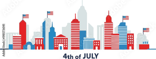 Modern city skyline illustration featuring striped red and blue buildings with american flags celebrating the fourth of july independence day