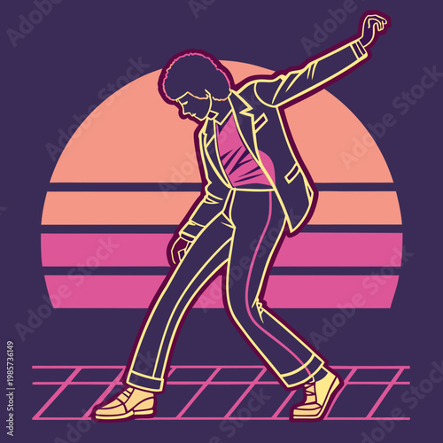 Man dancing in retro style sunset background.