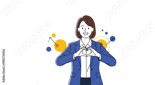 Happy businesswoman in a blue suit making a heart symbol with her hands representing love, care, and customer satisfaction.