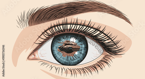 Macro close-up of a human eye with long eyelashes reflecting a military tank in the blue iris conceptual image.