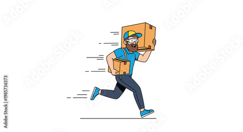 Bearded delivery man in a blue uniform and cap running quickly with two cardboard boxes in his hands.