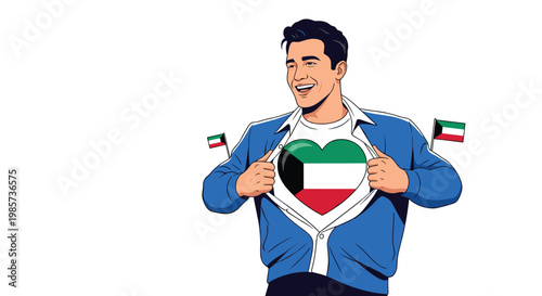 Smiling man opening his blue shirt to reveal a heart containing the flag of Kuwait on a white background.