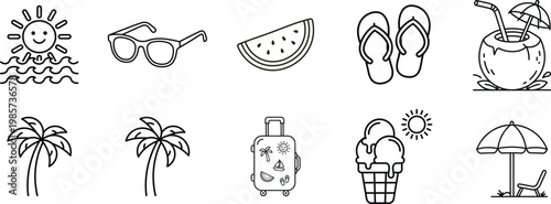 Hand-drawn summer vacation icons: sun sunglasses watermelon flip-flops coconut suitcase ice cream