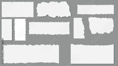  Torn paper realistic edges, White ripped paper strips collection. Realistic paper scraps with torn edges. Sticky notes, shreds of notebook pages. Vector illustration