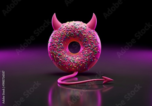 Devil Donut with Pink Frosting and Sprinkles on Dark Background. Generative Ai