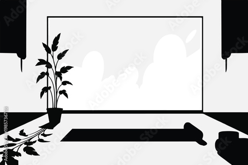 Minimal Yoga Room Interior with Window Light and Indoor Plant Decoration