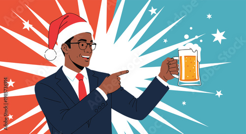 Black businessman wearing Santa hat pointing at beer mug on sunburst background, pop art illustration for Christmas office party celebration.