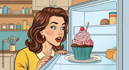 Surprised woman looking into a refrigerator at a delicious cupcake with cherry on top, pop art illustration of hunger and temptation.