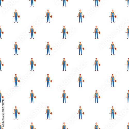 Construction worker in overalls holding a sledgehammer in a repeating flat cartoon pattern