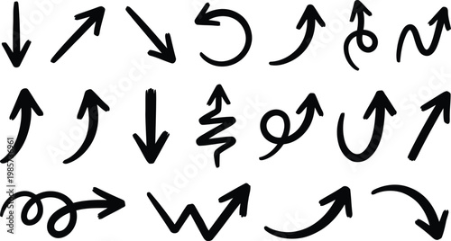 Collection of 15 hand drawn arrows in various styles and directions with direction, collection