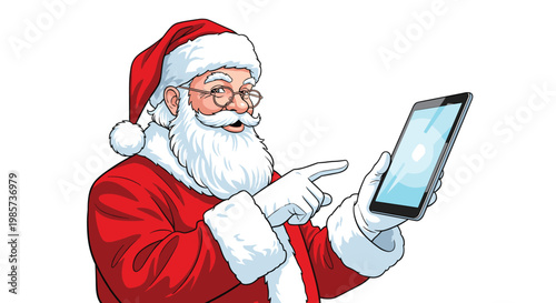 Santa Claus holding and pointing at modern tablet computer on white background, illustration of digital gifts and online Christmas shopping.